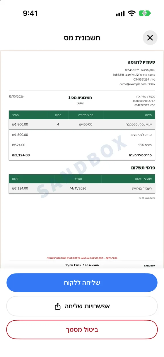 חשבונית מס שהופקה, במסך הטלפון